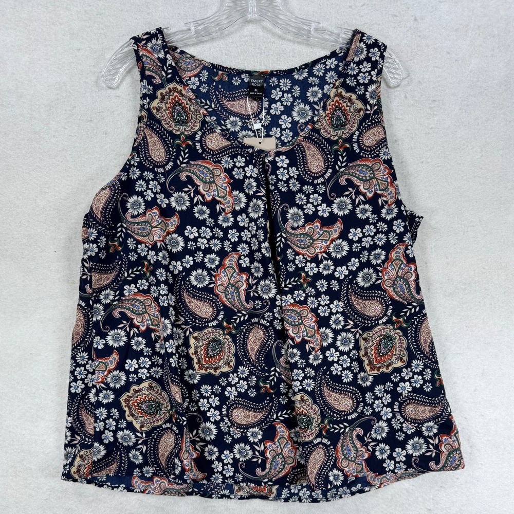 Emery Rose Navy Blue Paisley Floral V-Neck Sleeveless Blouse XL New W/ Tags BOHO